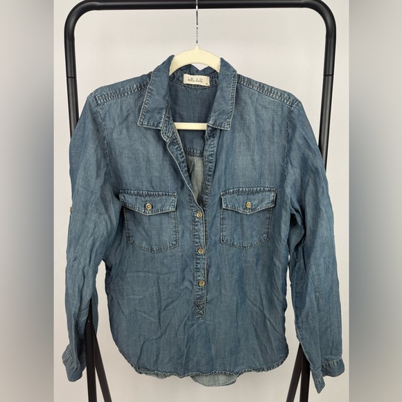Bella Dahl Chambray Popover Shirt Blue Tencel Half Button Top Pockets Women M - Picture 2 of 5